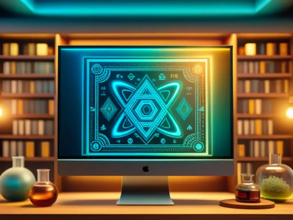 Software de simulación alquimia moderna: Intrincada ilustración digital sepia de pantalla con interfaz alquímica y libros antiguos