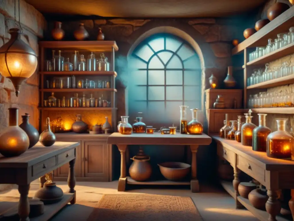 Laboratorio alquímico antiguo: misterio y modernidad Software de simulación alquimia moderna en laboratorio antiguo con cristalería detallada y símbolos en paredes de piedra en tonos sepia cálidos