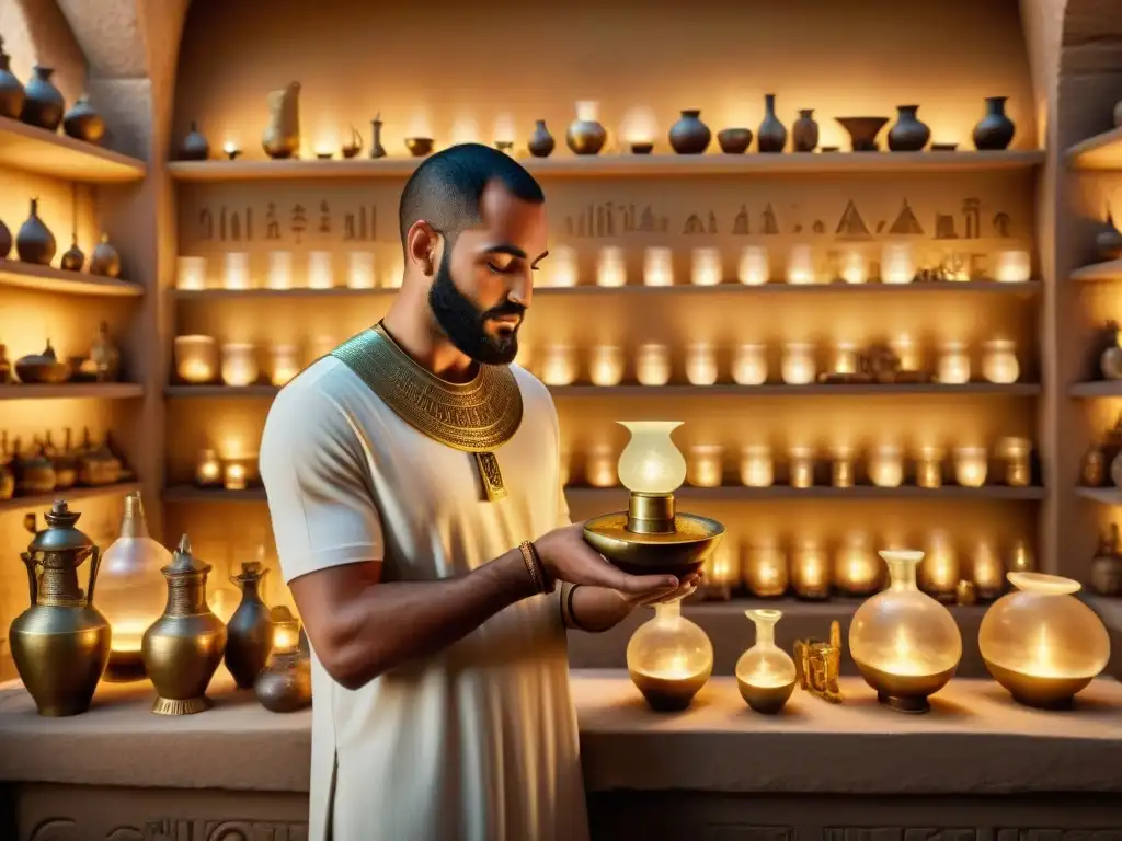 En las sombras de una cámara antigua de Egipto, un alquimista mezcla oro alquímico en vasijas ornamentadas