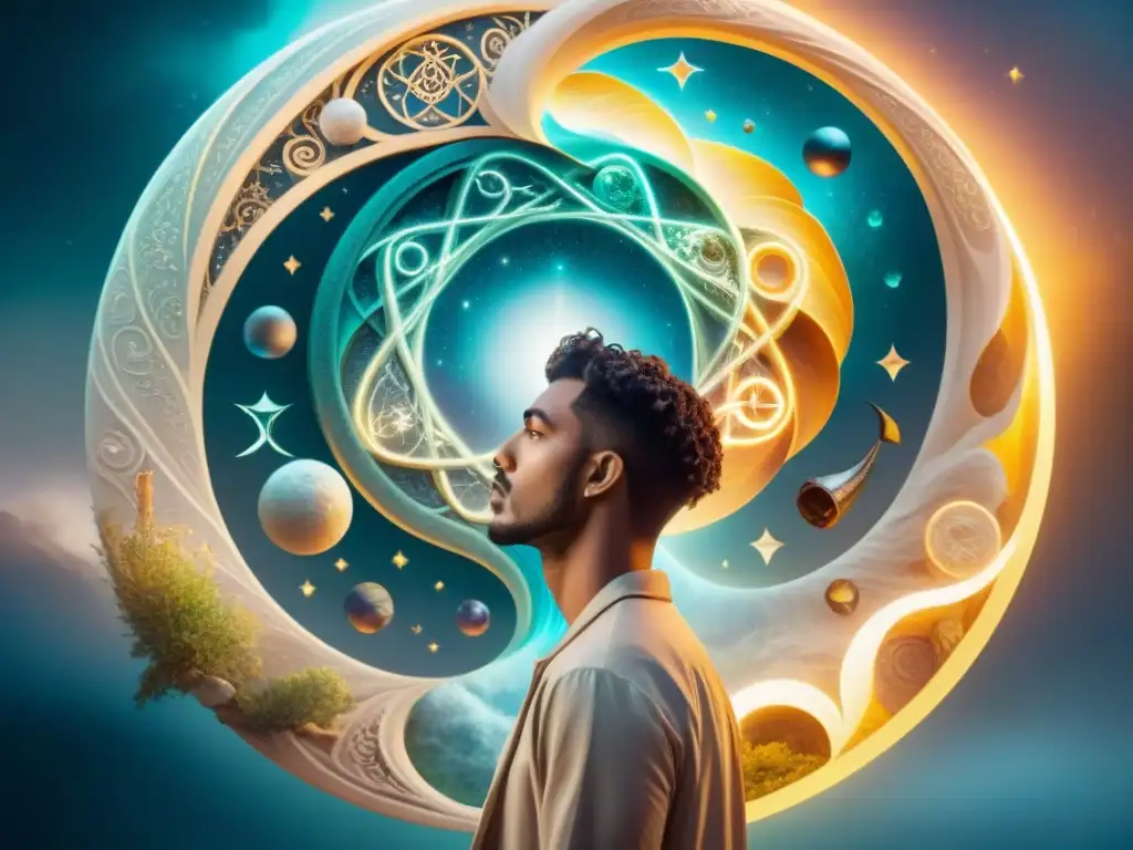 Un soñador rodeado de símbolos alquímicos en un paisaje onírico
