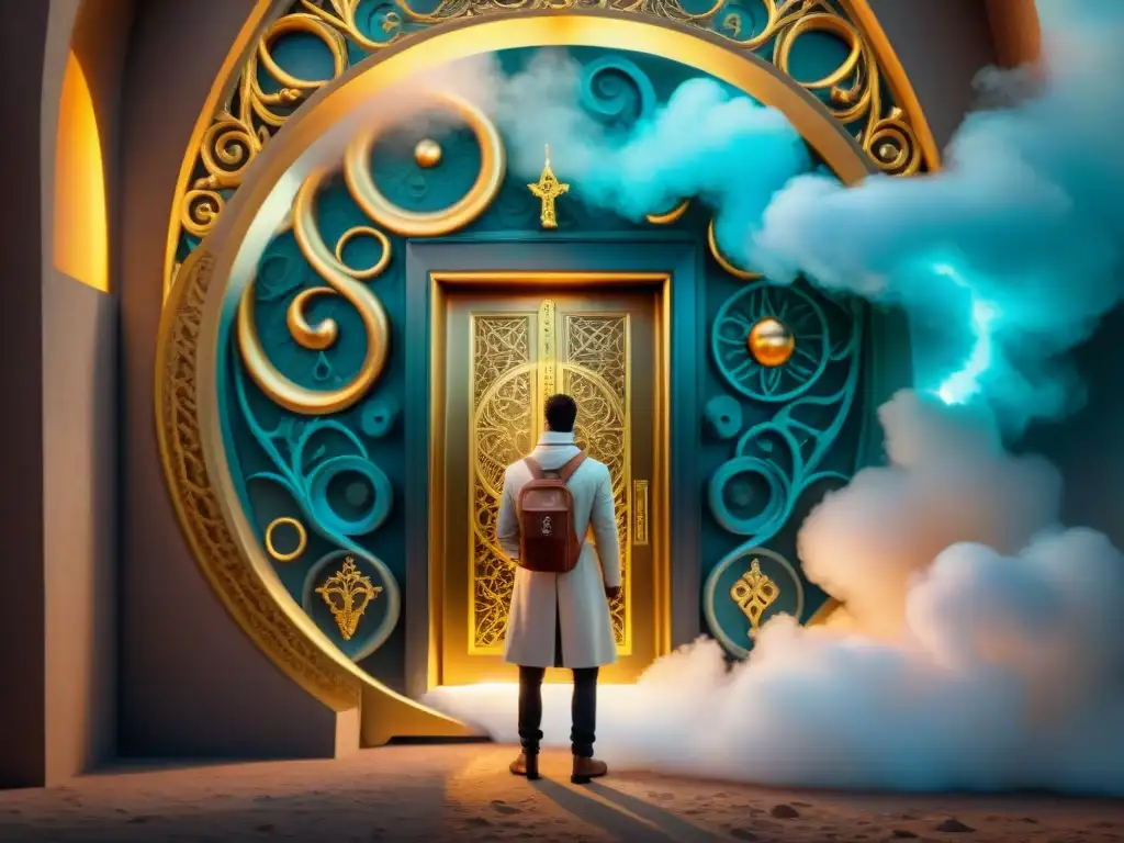 Un soñador rodeado de símbolos alquímicos, con una llave dorada desbloqueando una puerta misteriosa