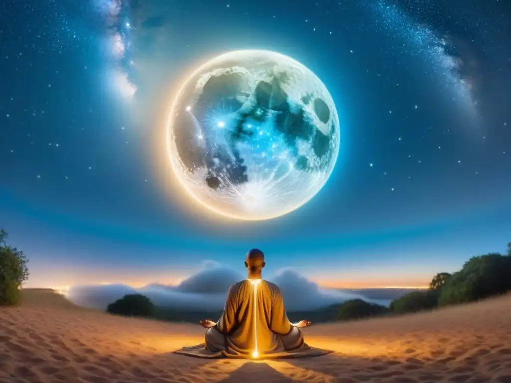 Un sueño misterioso: figura en sepia rodeada de símbolos alquímicos bajo la luna llena