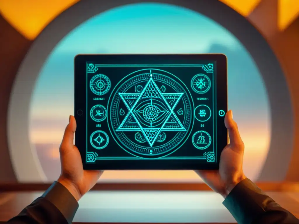 Tableta digital muestra símbolos alquímicos en un espacio moderno con tecnología, perfecto para 'Apps modernas para practicar alquimia'