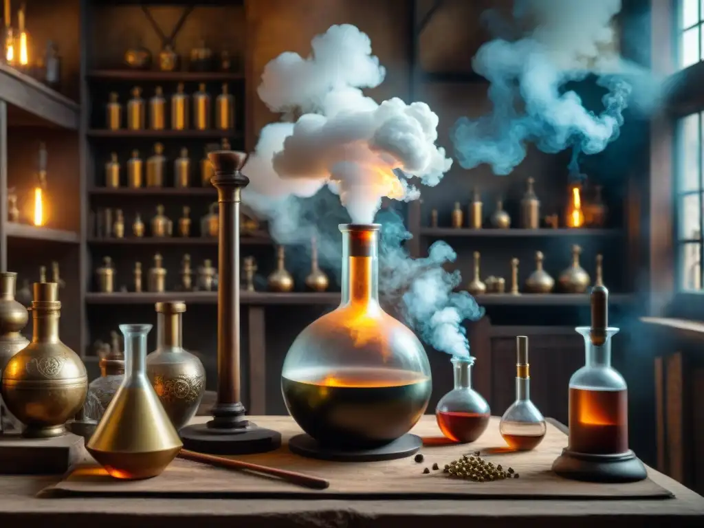 En el taller de alquimia antigua, un alquimista crea un elixir mientras la sala se llena de humo misterioso