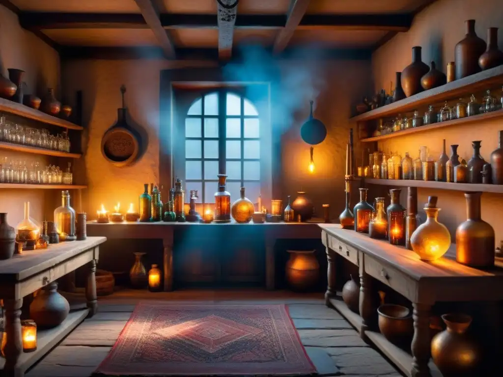 El taller del alquimista: misterios y conjuros en sepia Un taller de alquimia antiguo iluminado por velas, con vidriería, pociones burbujeantes y símbolos misteriosos en las paredes