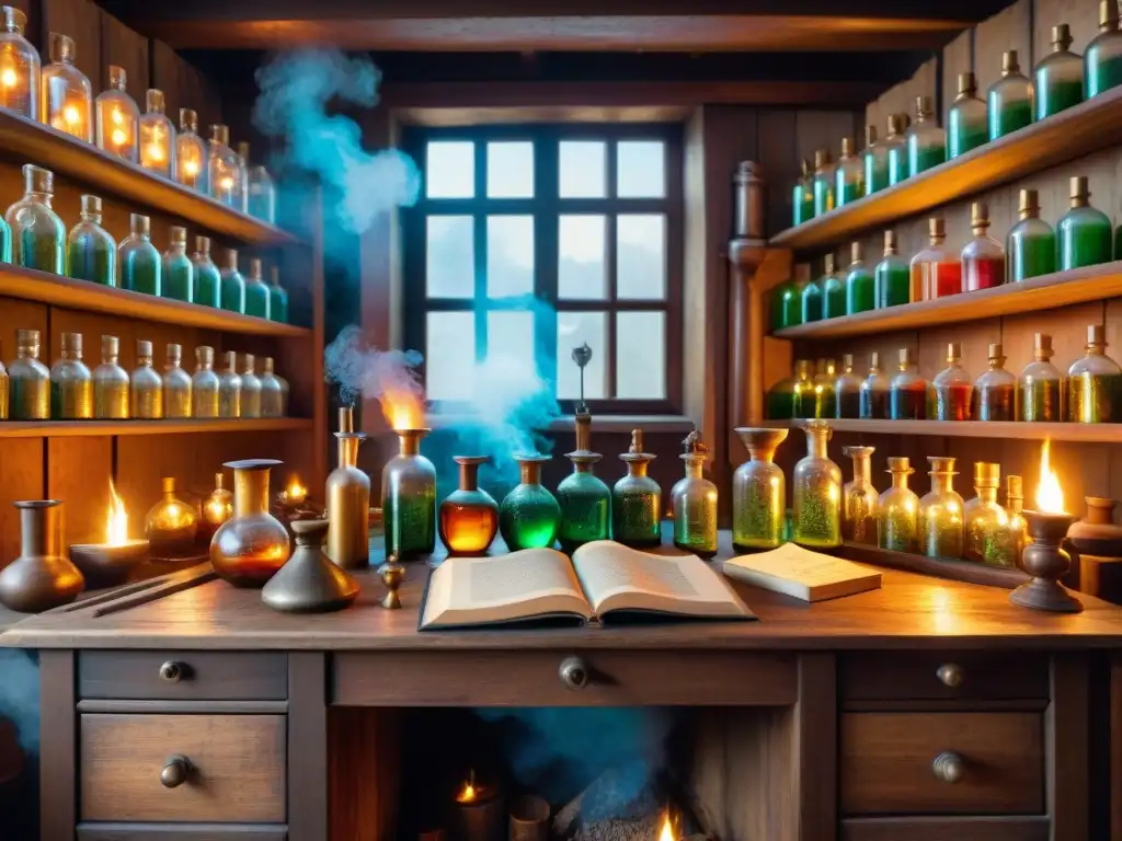 Un taller de alquimia antiguo lleno de misterio y magia, con estantes repletos de botellas, una chimenea crepitante y un libro de símbolos alquímicos