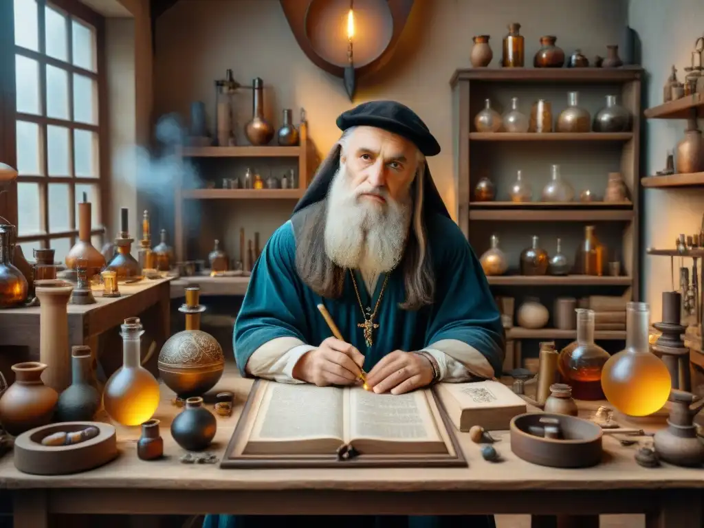 Leonardo da Vinci en su taller alquimia artística, inmerso en la creatividad y rodeado de herramientas misteriosas