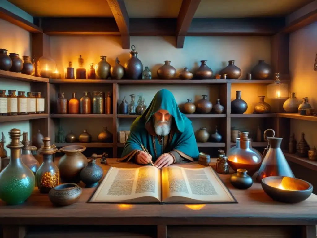 Un taller de alquimia medieval con libros antiguos, pociones burbujeantes y símbolos místicos, donde un alquimista crea un ambiente de sabiduría ancestral y transformación espiritual