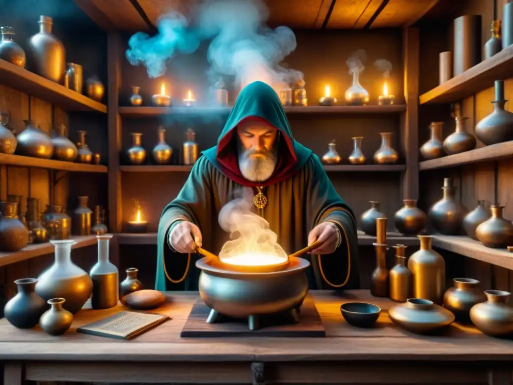 Un taller de alquimia medieval lleno de misteriosas pociones y símbolos, iluminado por velas