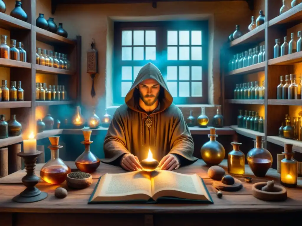 Intrincada ilustración sepia de un taller de alquimia medieval con manuscritos antiguos, pociones burbujeantes y símbolos místicos