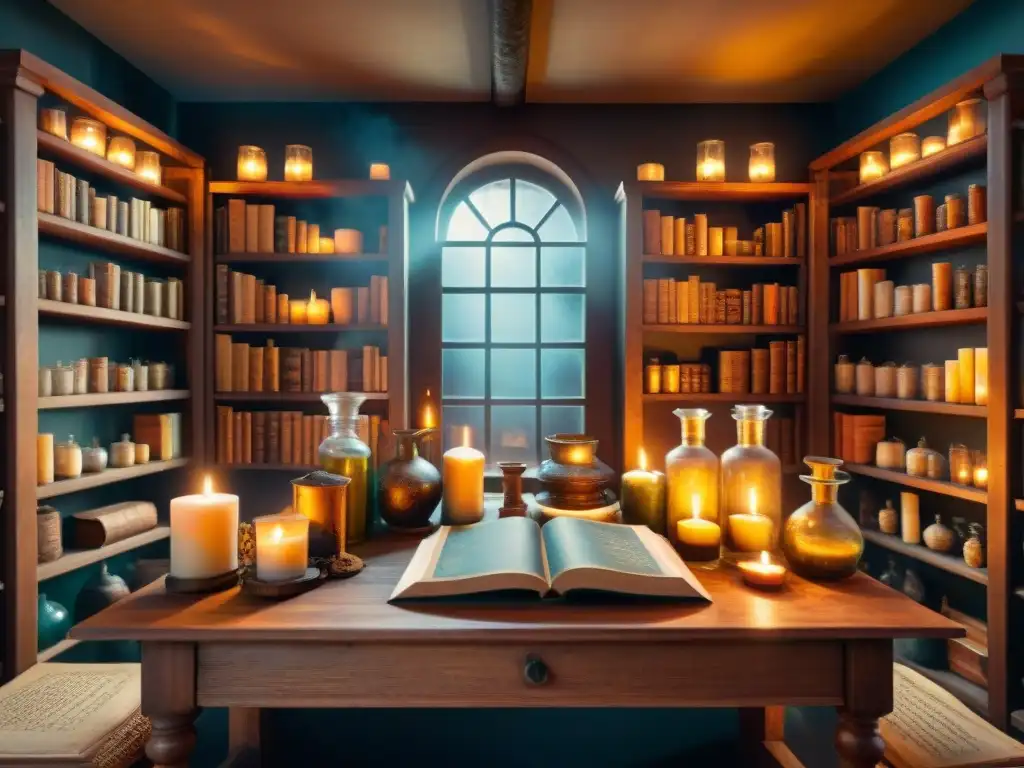Misterioso taller alquímico con libros antiguos y pociones burbujeantes Un taller de alquimia místico, con libros antiguos, pociones burbujeantes y símbolos alquímicos, iluminado por una misteriosa mezcla en un frasco