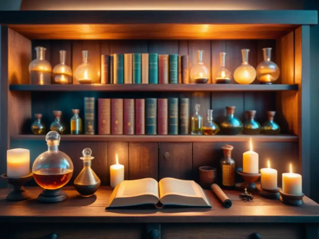 Un taller de alquimia místico con libros antiguos, pociones burbujeantes y una atmósfera de sabiduría ancestral