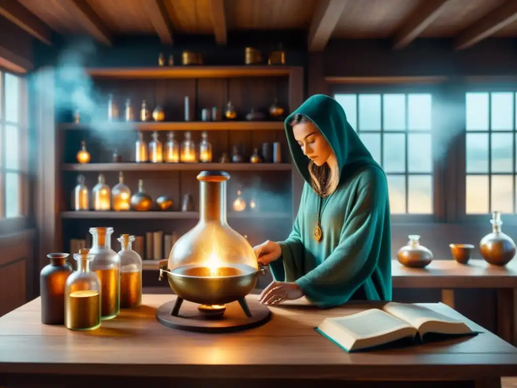 Un taller de alquimia místico con libros antiguos, pociones burbujeantes y símbolos en mesas de madera