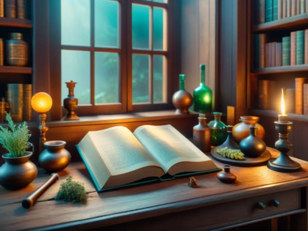 Un taller de alquimia místico lleno de herramientas antiguas y libros con símbolos alquímicos