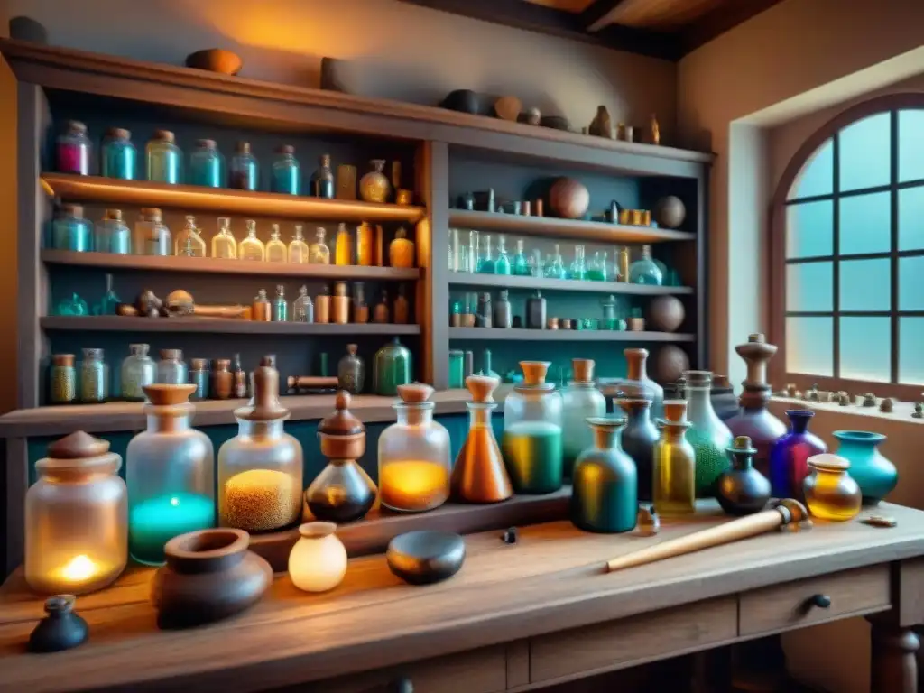 Un taller de alquimia moderno, con herramientas antiguas y frascos de colores