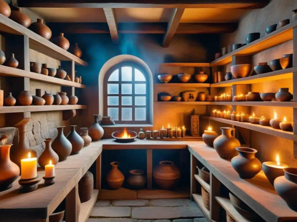 Un taller de alquimia renacentista con cerámica antigua, alambiques burbujeantes, figuras misteriosas y símbolos alquímicos en las sombras