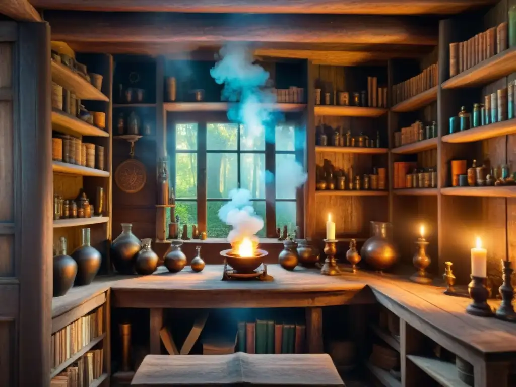 Antiguo taller de alquimia en el bosque: magia y misterio Un taller alquímico antiguo en un bosque europeo, con libros, instrumentos y símbolos misteriosos, evocando historia y magia