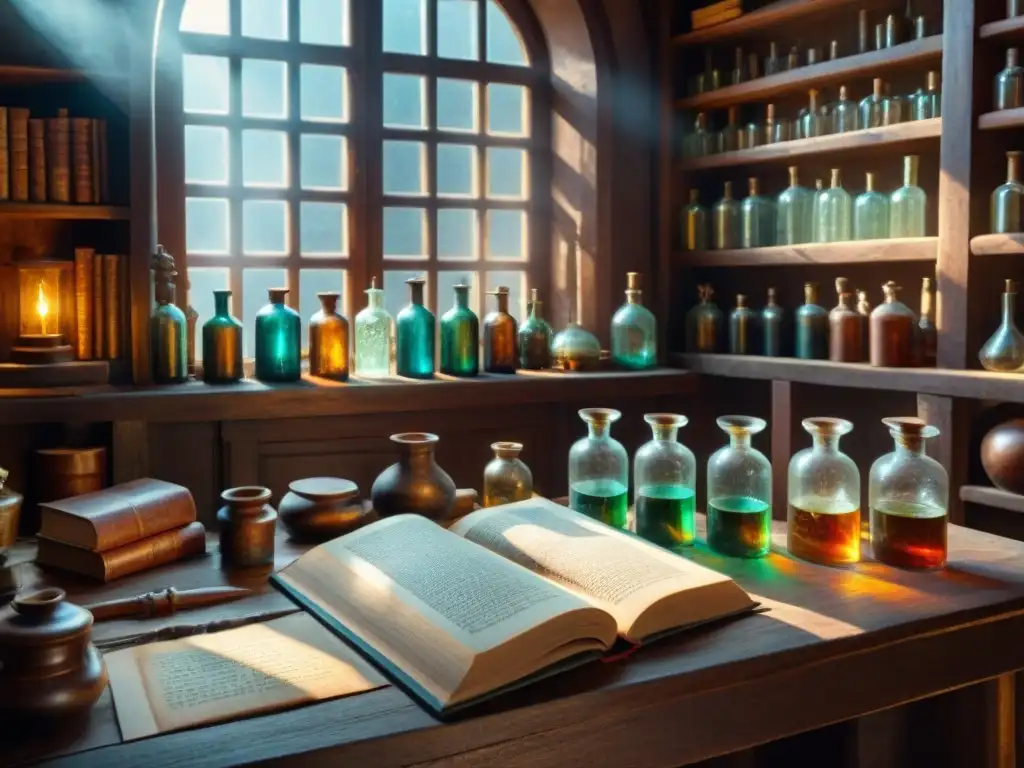 Antigua alquimia: taller misterioso de un alquimista Un taller alquímico antiguo lleno de misteriosas botellas de vidrio, pociones burbujeantes y herramientas de metal