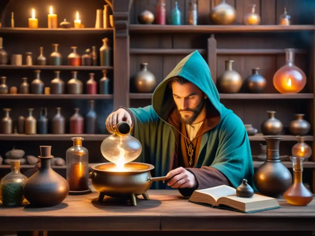 El taller del alquimista: misterio y sabiduría ancestral Un taller alquímico antiguo lleno de misterio y sabiduría, con libros polvorientos, frascos burbujeantes y símbolos en las paredes