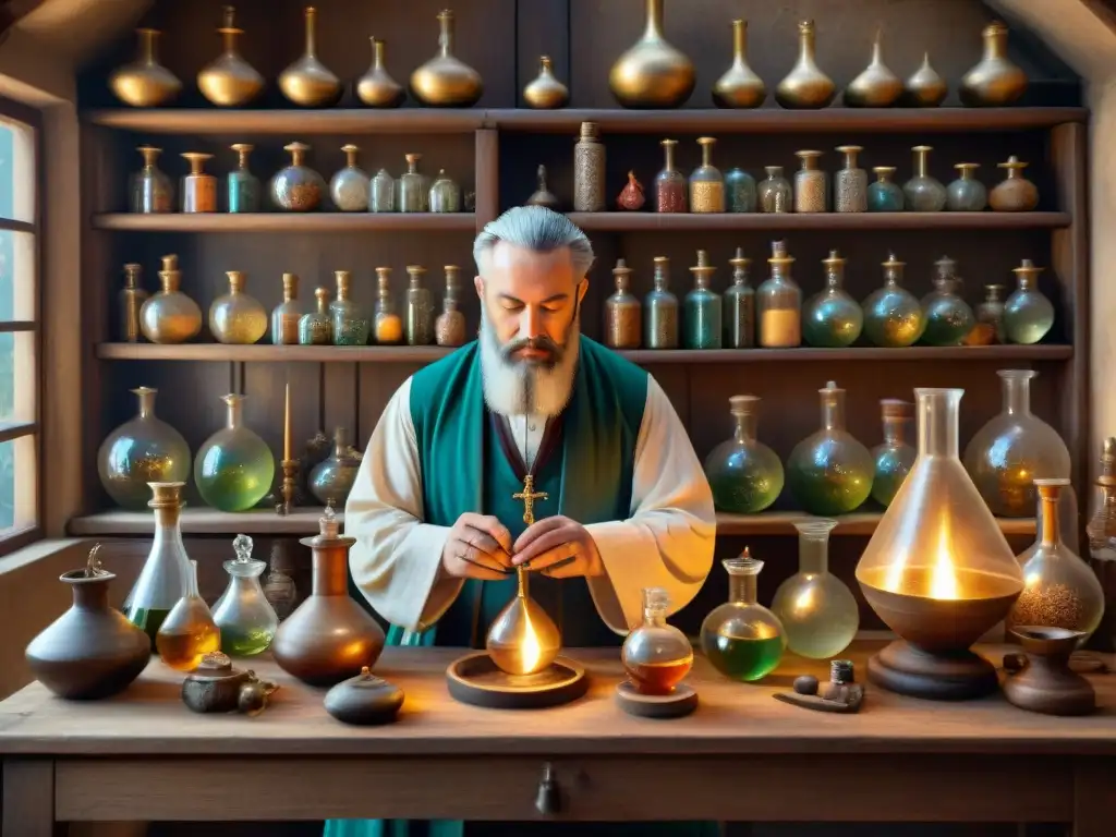 Un taller alquímico detallado con instrumentos antiguos, en sepia