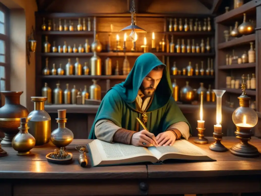 Un taller alquímico medieval detallado en 8k, con instrumentos de latón, frascos de vidrio y antiguos manuscritos en una mesa de madera