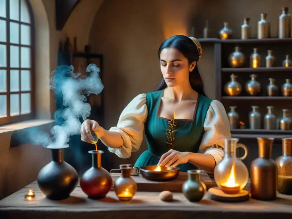 María la Judía en un taller alquímico medieval, creando el origen del baño María en la cocina