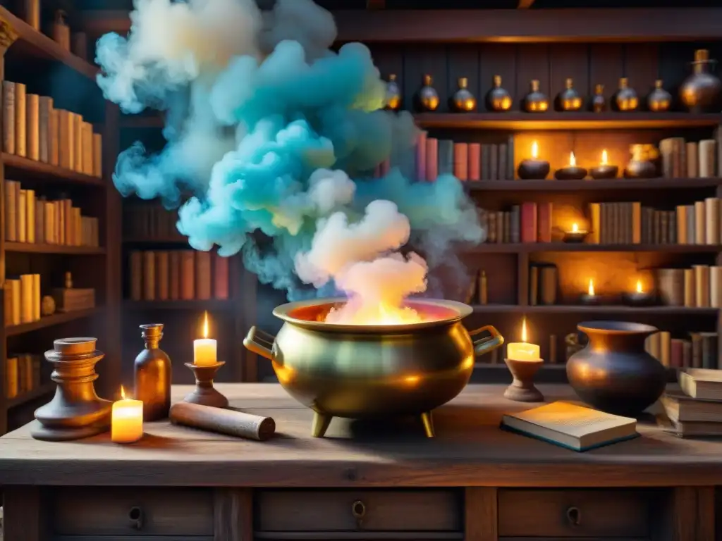 Un taller alquímico misterioso lleno de libros antiguos, pociones burbujeantes y símbolos alquímicos, iluminado por velas y humo de colores