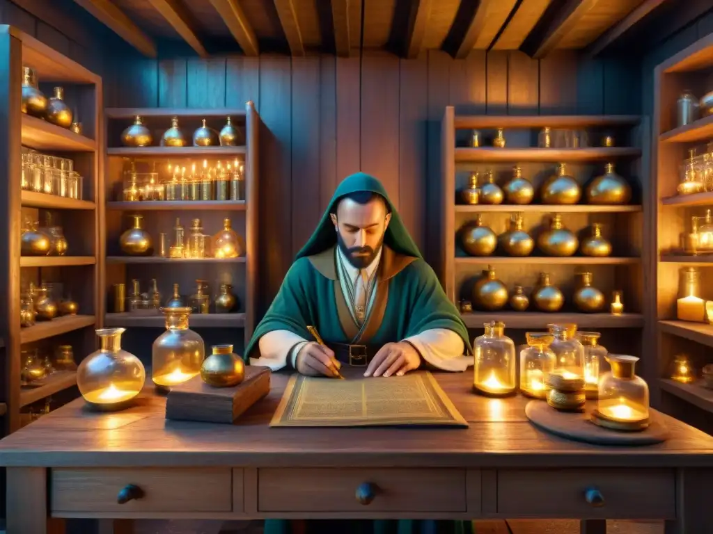 Un taller alquímico místico con documentos antiguos y monedas de oro, iluminado por velas y energía mística
