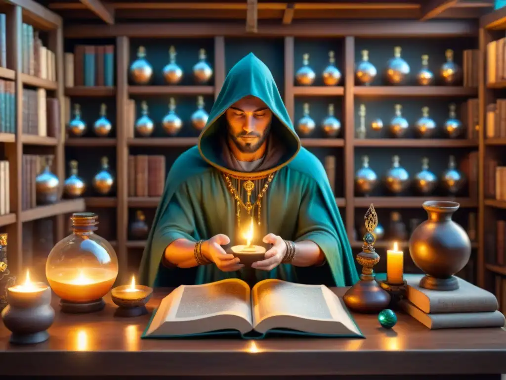El taller místico del alquimista: magia y misterio Un taller alquímico místico con figuras icónicas rodeadas de símbolos y orbes brillantes