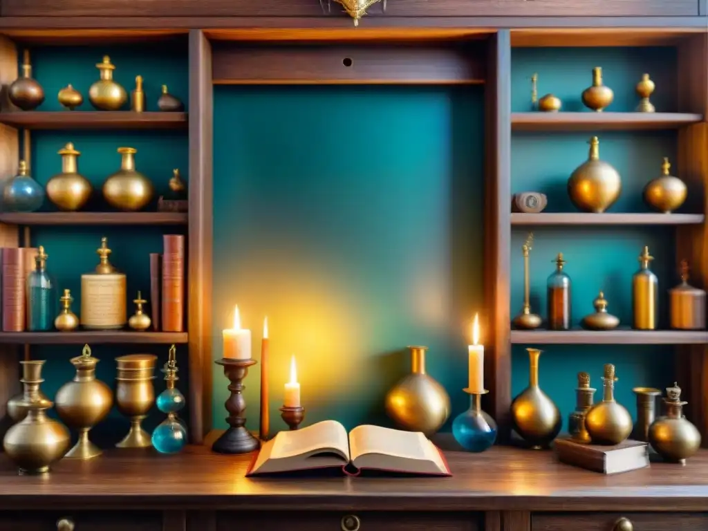 Un taller alquímico místico con libros antiguos, pociones burbujeantes y una vela titilante, evocando sabiduría y conocimiento arcano