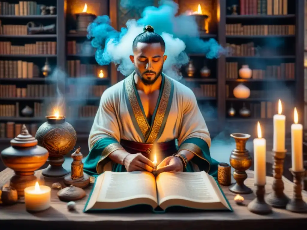 Alquimia ancestral: taller del alquimista con misteriosos rituales Un taller alquímico místico con libros antiguos, pociones burbujeantes y herramientas alquímicas
