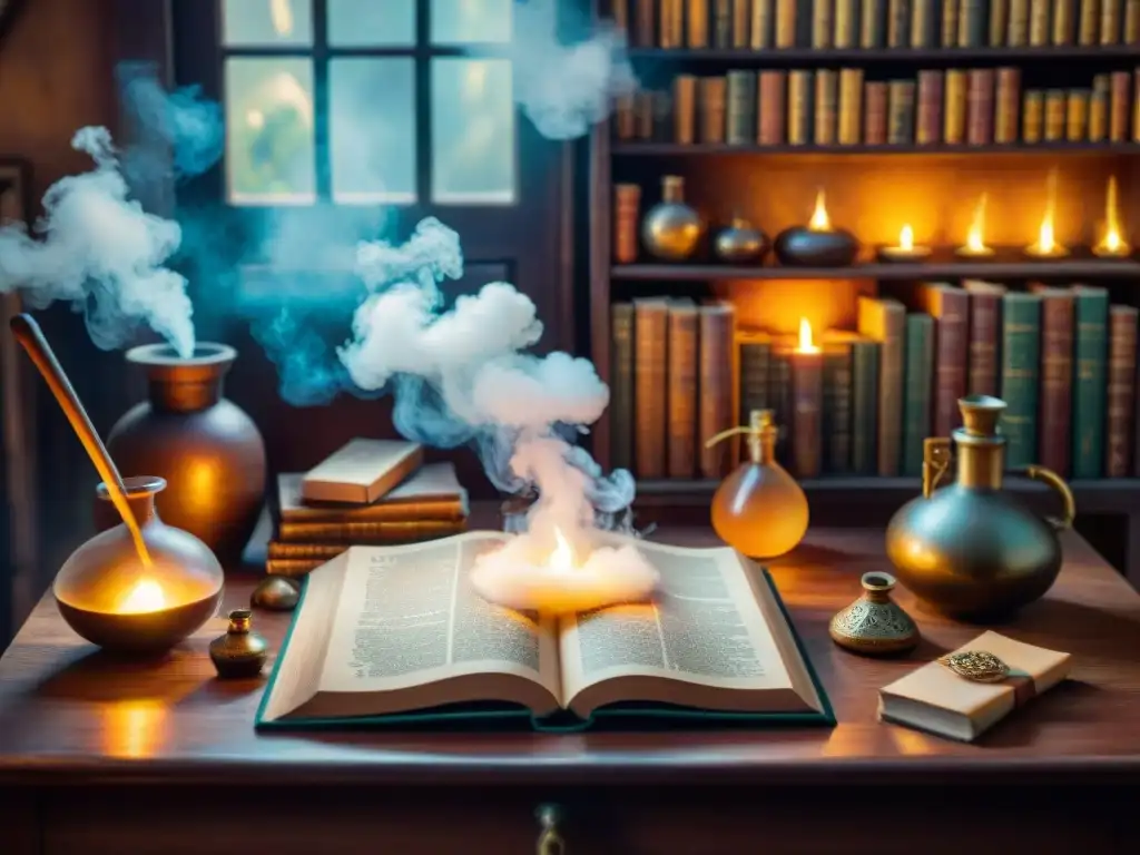 El taller alquímico místico: un paisaje sepia lleno de magia y misterio Un taller alquímico místico con textos antiguos, pociones burbujeantes y símbolos celestiales en sepia