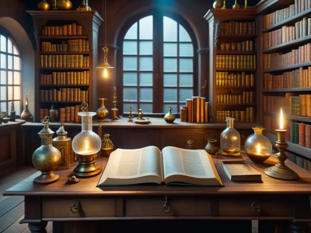 Alquimia ancestral: taller del alquimista en sepia Un taller alquímico del Renacimiento con libros antiguos, cristalería, pociones burbujeantes y símbolos místicos