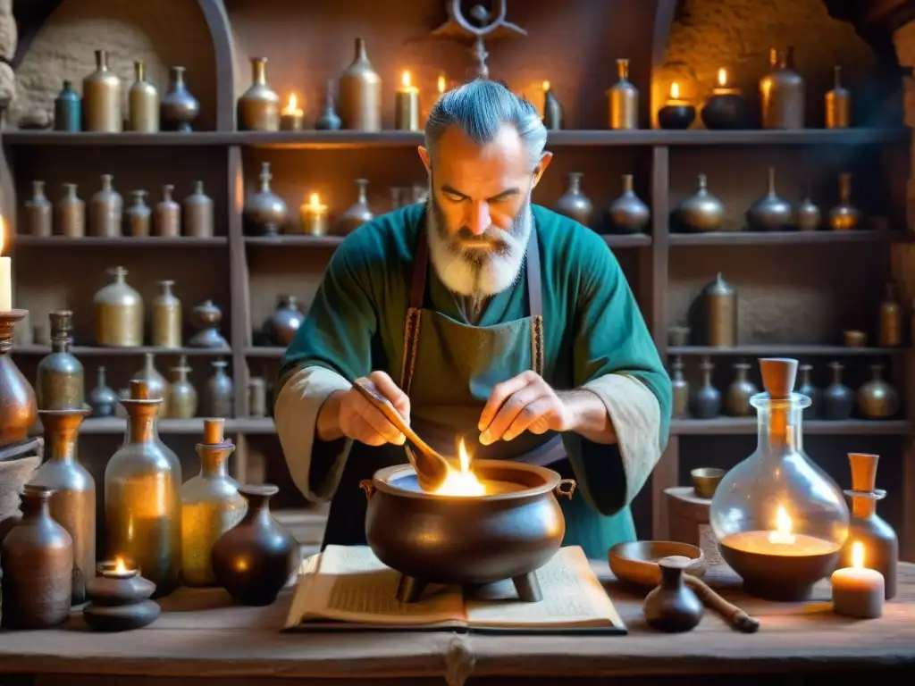 Misterioso taller de alquimia con pociones y símbolos antiguos Un taller alquímico del Renacimiento reinventado: viles, pociones y símbolos, con sabiduría ancestral