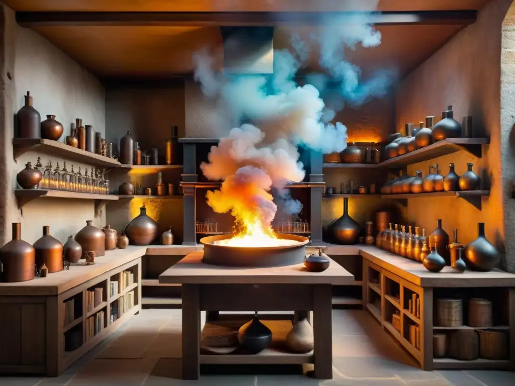 Un taller de alquimista antiguo con un gran athanor en el centro, rodeado de instrumentos alquímicos para manipular elementos