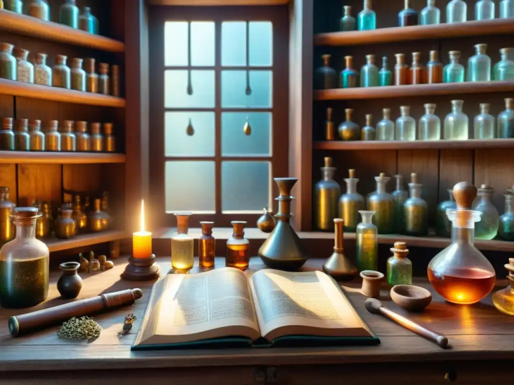 Antiguo taller de alquimista: vías, pociones y símbolos Un taller de alquimista antiguo lleno de misteriosas pociones y herramientas, con un libro abierto revelando símbolos en sepia