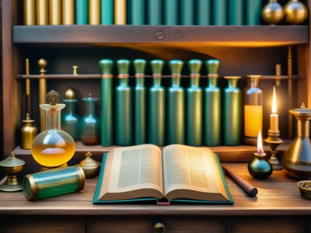 Un taller de alquimista antiguo lleno de misterio y sabiduría, con libros, símbolos y luz de velas