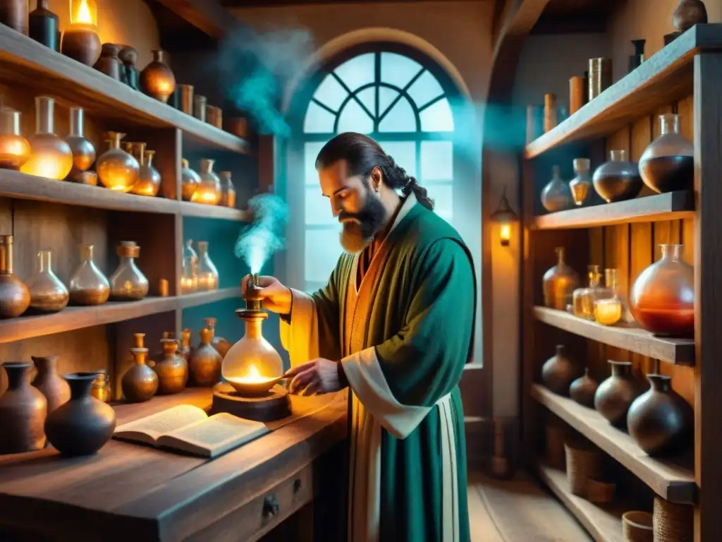 Alquimia medieval: misterios en el taller del alquimista En el taller de un alquimista medieval, se observa una escena detallada que refleja el origen y evolución de la alquimia