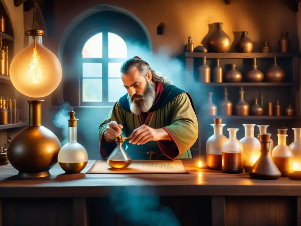 En el taller de un alquimista medieval, la transmutación alquímica cobra vida en una escena llena de misterio e historia