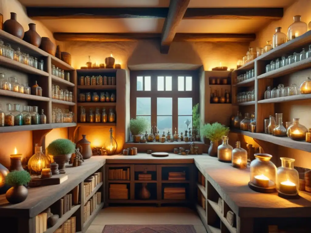 Un taller de un antiguo alquimista, repleto de vidriería detallada, pociones burbujeantes y símbolos misteriosos, iluminado por velas