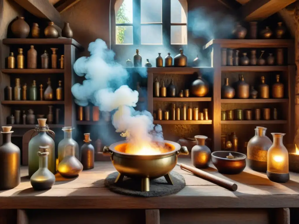 Un taller de alquimista medieval lleno de misteriosos ingredientes, iluminado por luz dorada