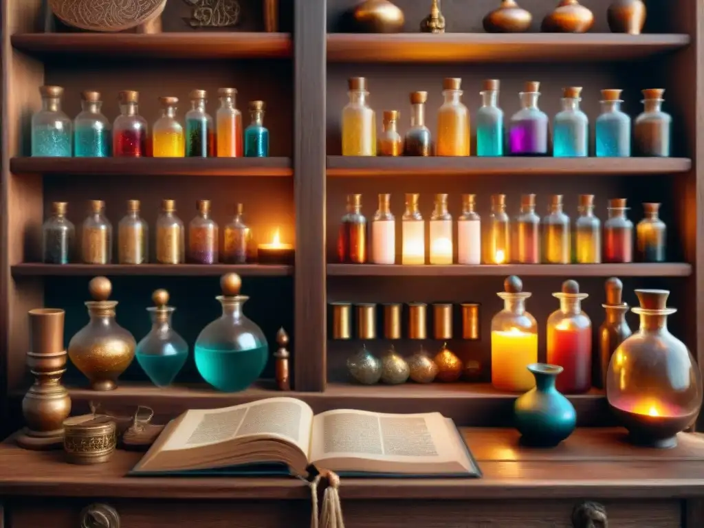 Un taller de alquimista místico con libros antiguos, cristales brillantes y velas, en tonos sepia cálido