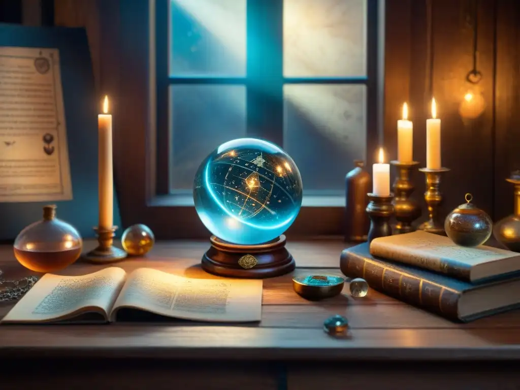 Escena mística de taller alquímico con símbolos y pócimas Un taller de alquimista místico con pergaminos antiguos, pociones burbujeantes, símbolos alquímicos y un mapa celestial