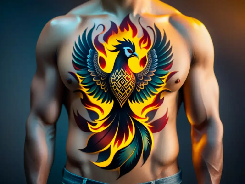 Un tatuaje moderno de alquimia: un fénix majestuoso emerge de llamas vibrantes, simbolizando renacimiento y transformación