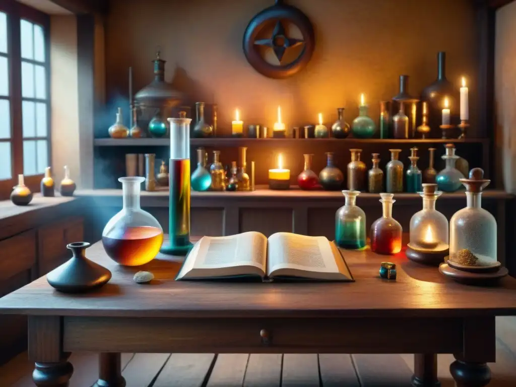 En la tenue luz cálida de un laboratorio alquímico antiguo, el caos de frascos, manuscritos y velas iluminaron la historia química moderna