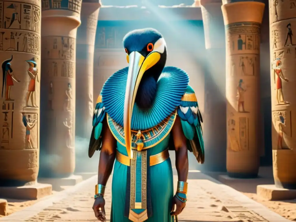 Thoth, la deidad egipcia, con cabeza de ibis, sostiene un cálamo y un pergamino en un templo místico iluminado