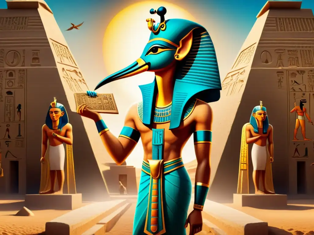 Thoth, dios egipcio con cabeza de ibis, sostiene un pergamino con símbolos alquímicos
