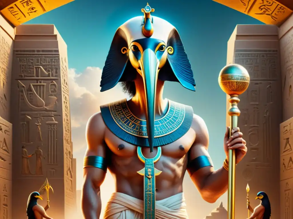 Ilustración sepia intrincada de Thoth, dios egipcio de la sabiduría, rodeado de símbolos místicos y alquímicos en un templo antiguo