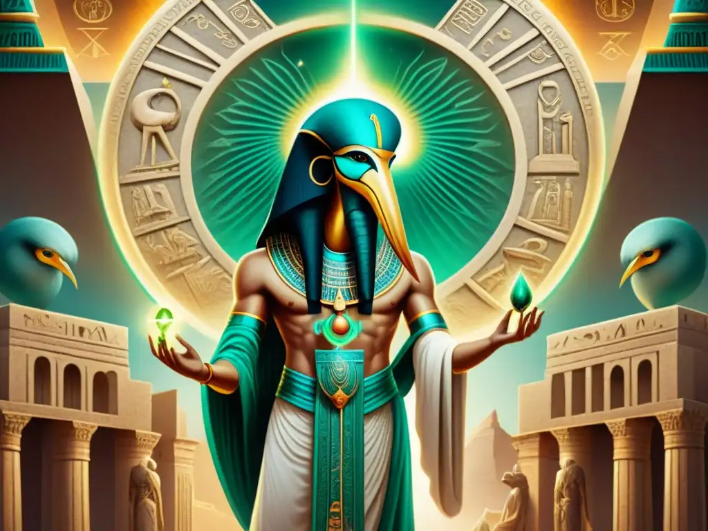 Thoth, dios egipcio de la sabiduría, rodeado de símbolos alquímicos