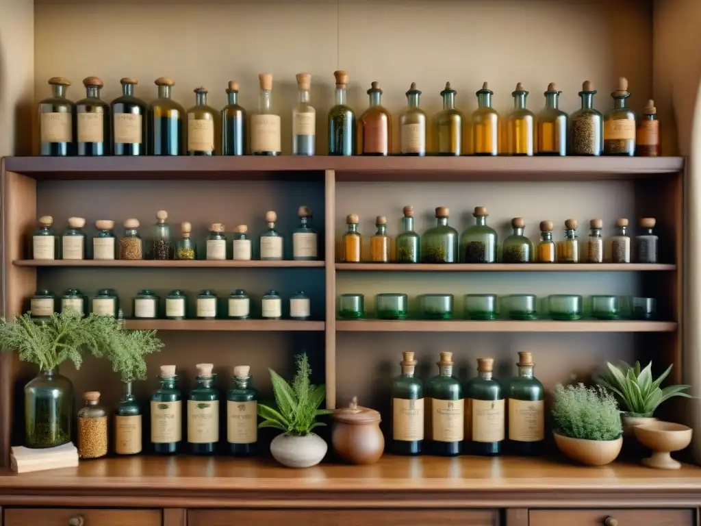 Una tienda de botánica alquímica en línea, llena de detalles vintage y tonos sepia nostálgicos